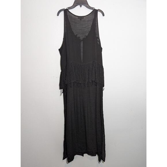 UMGEE Black Gauze Duster Swim Topper Crochet Lace Fringe Sleeveless Tie Front L - Picture 6 of 7